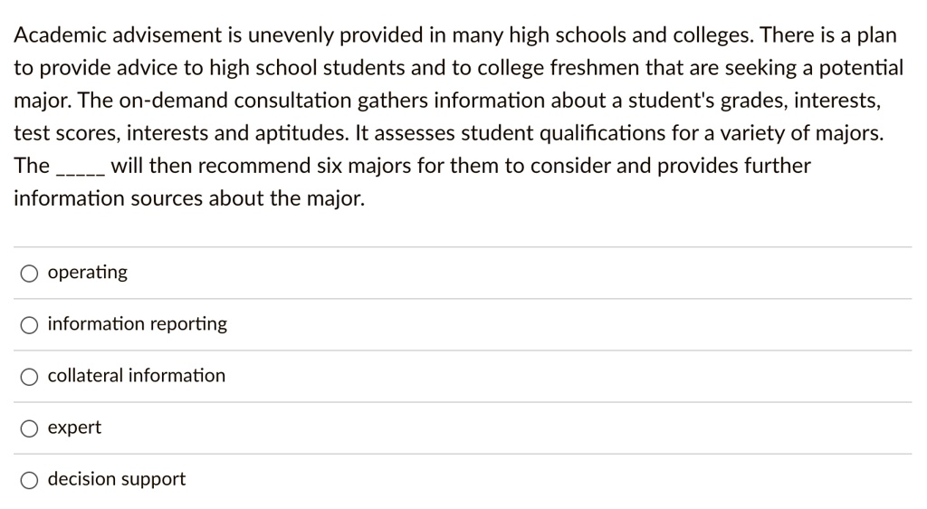 Academic advisement is unevenly provided in many high schools and colleges. There is a plan to provide advice to high school students and to college freshmen that are seeking a potential major. The on-demand consultation gathers information about a student's grades, interests, test scores, interests and aptitudes. It assesses student qualifications for a variety of majors. The  will then recommend six majors for them to consider and provides further information sources about the major.

operating
information reporting
collateral information
expert
decision support