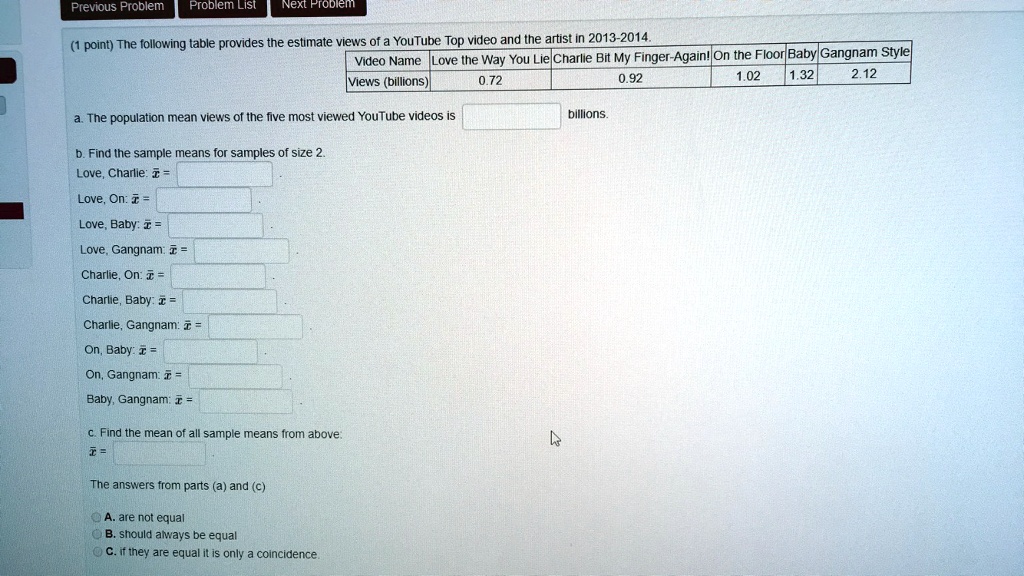 Solved Previous Problem Problem List Nex Prodiem Point The Following Lable Provides The Estmate Views Of Youtube Top Video And The Artist 2013 2014 Video Name Love The Way You Lie Charlie Bit My Finger Againijon