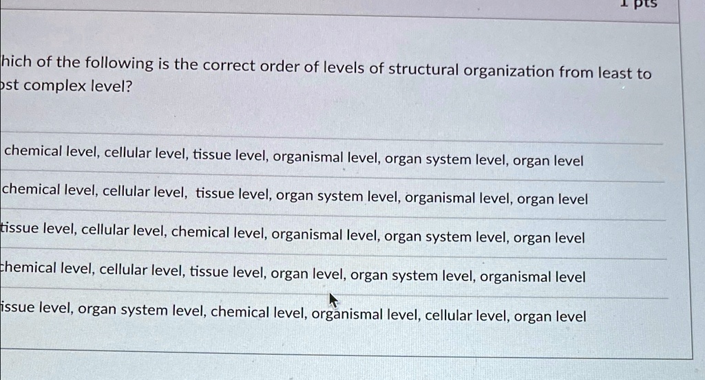 1 pts Which of the following is the correct order of levels of ...