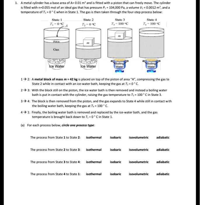 1. A metal cylinder has a base area of A= 0.01 m² and is fitted with a piston that can freely move. The cylinder
is filled with n=0.055 mol of an ideal gas that has pressure P? = 104,000 Pa, a volume V? = 0.0012 m³, and a
temperature of T? = 0 ° C when in State 1. The gas is then taken through the four-step process below:
State 1
T? = 0 °C
State 2
T? = 0 °C
State 3
T? = 100 °C
State 4
T? = 100 °C
A
Piston
Gas
Ice Water
Ice Water
Boiling Water
Boiling Water
1 ? 2: A metal block of mass m = 42 kg is placed on top of the piston of area "A", compressing the gas to
State 2 while in contact with an ice-water bath, keeping the gas at T? = 0 ° C.
2 ? 3: With the block still on the piston, the ice water bath is then removed and instead a boiling water
bath is put in contact with the cylinder, raising the gas temperature to T? = 100 ° C in State 3.
3 ? 4: The block is then removed from the piston, and the gas expands to State 4 while still in contact with
the boiling water bath, keeping the gas at T? = 100 ° C.
4 ? 1: Finally, the boiling water bath is removed and replaced by the ice-water bath, and the gas
temperature is brought back down to T? = 0 ° C in State 1.
(a) For each process below, circle one process type:
The process from State 1 to State 2: isothermal isobaric isovolumetric adiabatic
The process from State 2 to State 3: isothermal isobaric isovolumetric adiabatic
The process from State 3 to State 4: isothermal isobaric isovolumetric adiabatic
The process from State 4 to State 1: isothermal isobaric isovolumetric adiabatic
