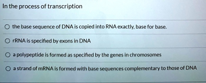 In the process of transcription
the base sequence of DNA is copied into RNA exactly, base for base.
rRNA is specified by exons in DNA
a polypeptide is formed as specified by the genes in chromosomes
a strand of mRNA is formed with base sequences complementary to those of DNA
