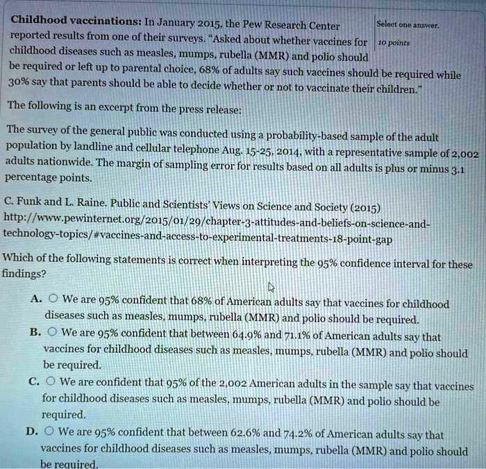 Childhood vaccinations: In January 2015, the Pew Research Center reported results from one of their surveys. "Asked about whether vaccines for childhood diseases such as measles, mumps, rubella (MMR) and polio should be required or left up to parental choice, 68% of adults say such vaccines should be required while 30% say that parents should be able to decide whether or not to vaccinate their children." The following is an excerpt from the press release: The survey of the general public was conducted using a probability-based sample of the adult population by landline and cellular telephone Aug. 15-25, 2014, with a representative sample of 2,002 adults nationwide. The margin of sampling error for results based on all adults is plus or minus 3.1 percentage points. C. Funk and L. Raine. Public and Scientists' Views on Science and Society (2015) http://www.pewinternet.org/2015/01/29/chapter-3-attitudes-and-beliefs-on-science-and-technology-topics/#vaccines-and-access-to-experimental-treatments-18-point-gap Which of the following statements is correct when interpreting the 95% confidence interval for these findings? A. We are 95% confident that 68% of American adults say that vaccines for childhood diseases such as measles, mumps, rubella (MMR) and polio should be required. B. We are 95% confident that between 64.9% and 71.1% of American adults say that vaccines for childhood diseases such as measles, mumps, rubella (MMR) and polio should be required. C. We are confident that 95% of the 2,002 American adults in the sample say that vaccines for childhood diseases such as measles, mumps, rubella (MMR) and polio should be required. D. We are 95% confident that between 62.6% and 74.2% of American adults say that vaccines for childhood diseases such as measles, mumps, rubella (MMR) and polio should be required.