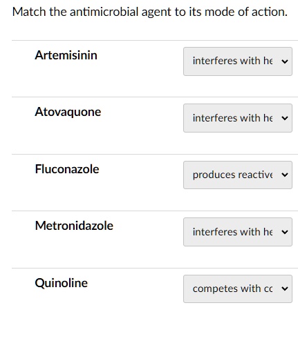Match the antimicrobial agent to its mode of action.
Artemisinin interferes with he
Atovaquone interferes with he
Fluconazole produces reactive
Metronidazole interferes with he
Quinoline competes with cc