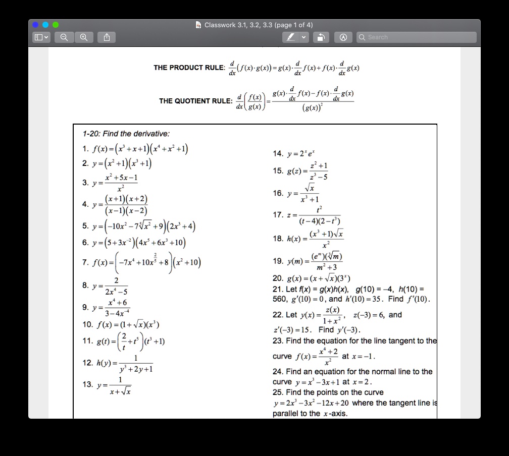 Solved Classwork 3 1 3 2 3 3 Page Of 4 Search The Product Rule F6 G6x G6r F F G G X F X F X G R G R The Quotient Rule 1 Find The Derivvative F X X X 1 X X 1 2 Y 1 X 1 3 Y