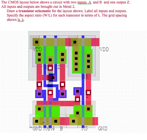 The CMOS layout below shows a circuit with two inputs, A and B, and one ...