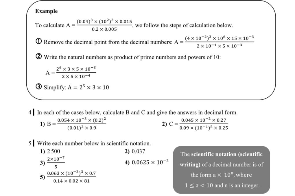Example To calculate A=((0.04)^3×(10^2)^3× 0.015)/(0.2 × 0.005), we ...