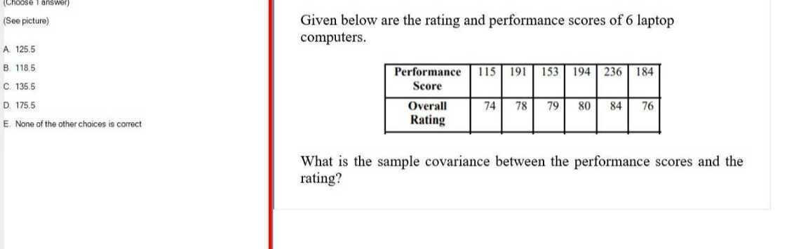 (Choose I answer)
(See picture)
A. 125.5
B. 118.5
C. 135.5
D. 175.5
E. None of the other choices is correct
Given below are the rating and performance scores of 6 laptop computers.

 
Performance 

Score
     115     191     153     194     236     184 

 
Overall 

Rating
     74     78     79     80     84     76 



What is the sample covariance between the performance scores and the rating?