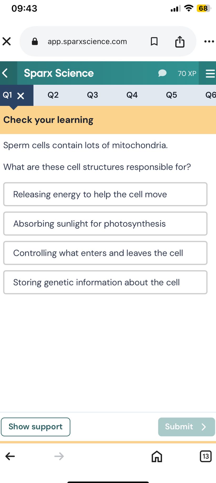 Sprx Science 09:43 68 app.sparxscience.com Sparx Science 70...