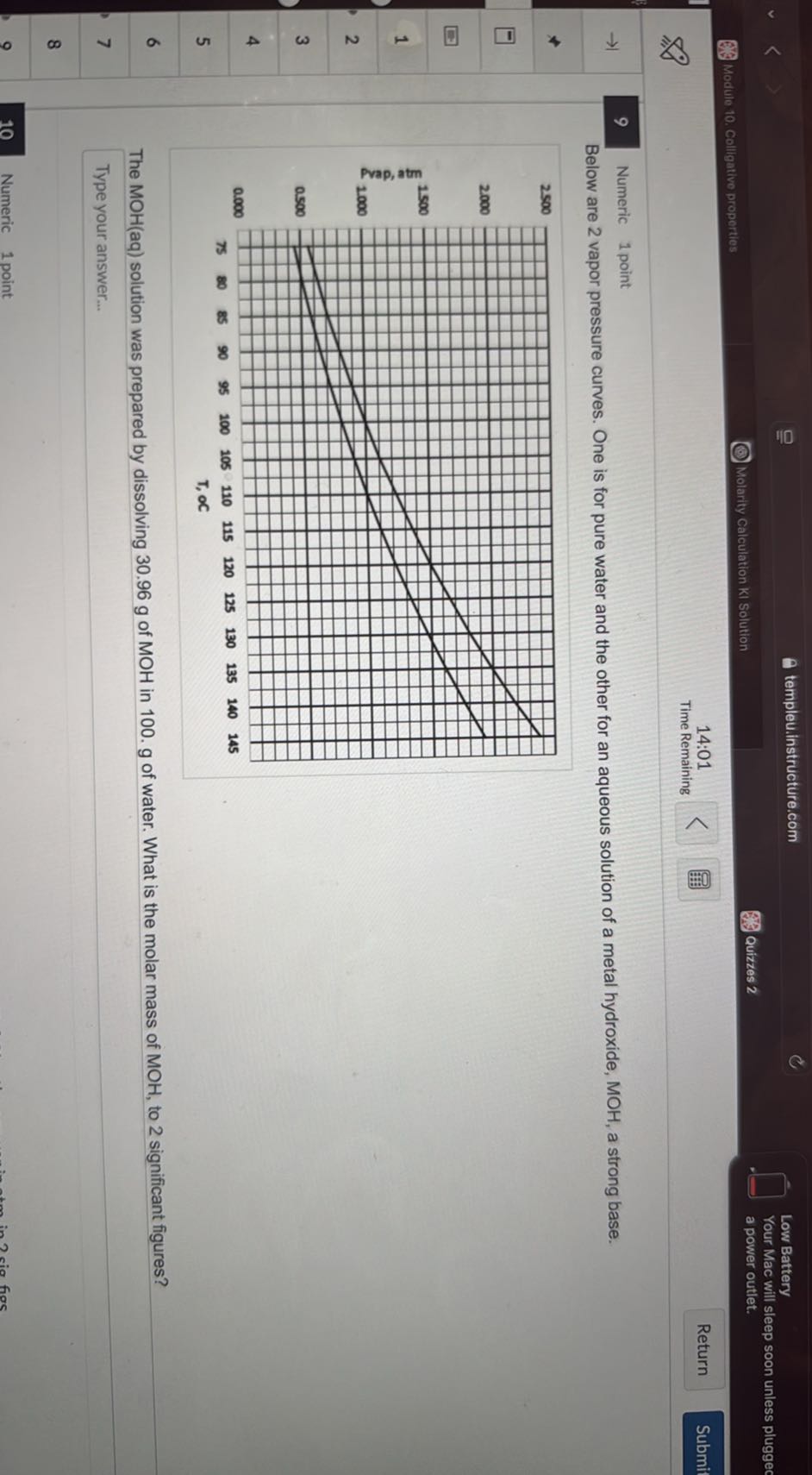 templeu.instructure.com
Low Battery
Your Mac will sleep soon unless plugged
Quizzes 2
a power outlet.
Module 10. Colligative properties
Molarity Calculation KI Solution
Return
Submi
Time Remaining
9
Numeric
1 point

Below are 2 vapor pressure curves. One is for pure water and the other for an aqueous solution of a metal hydroxide, MOH, a strong base.
6

The MOH(aq) solution was prepared by dissolving 30.96 g of MOH in 100 . g of water. What is the molar mass of MOH , to 2 significant figures?
7
Type your answer...
8
10
Numeric
1 point