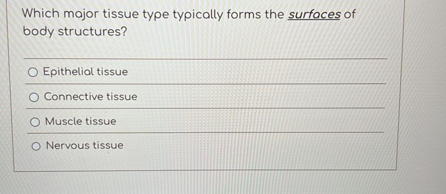 Which major tissue type typically forms the surfaces of body structures ...
