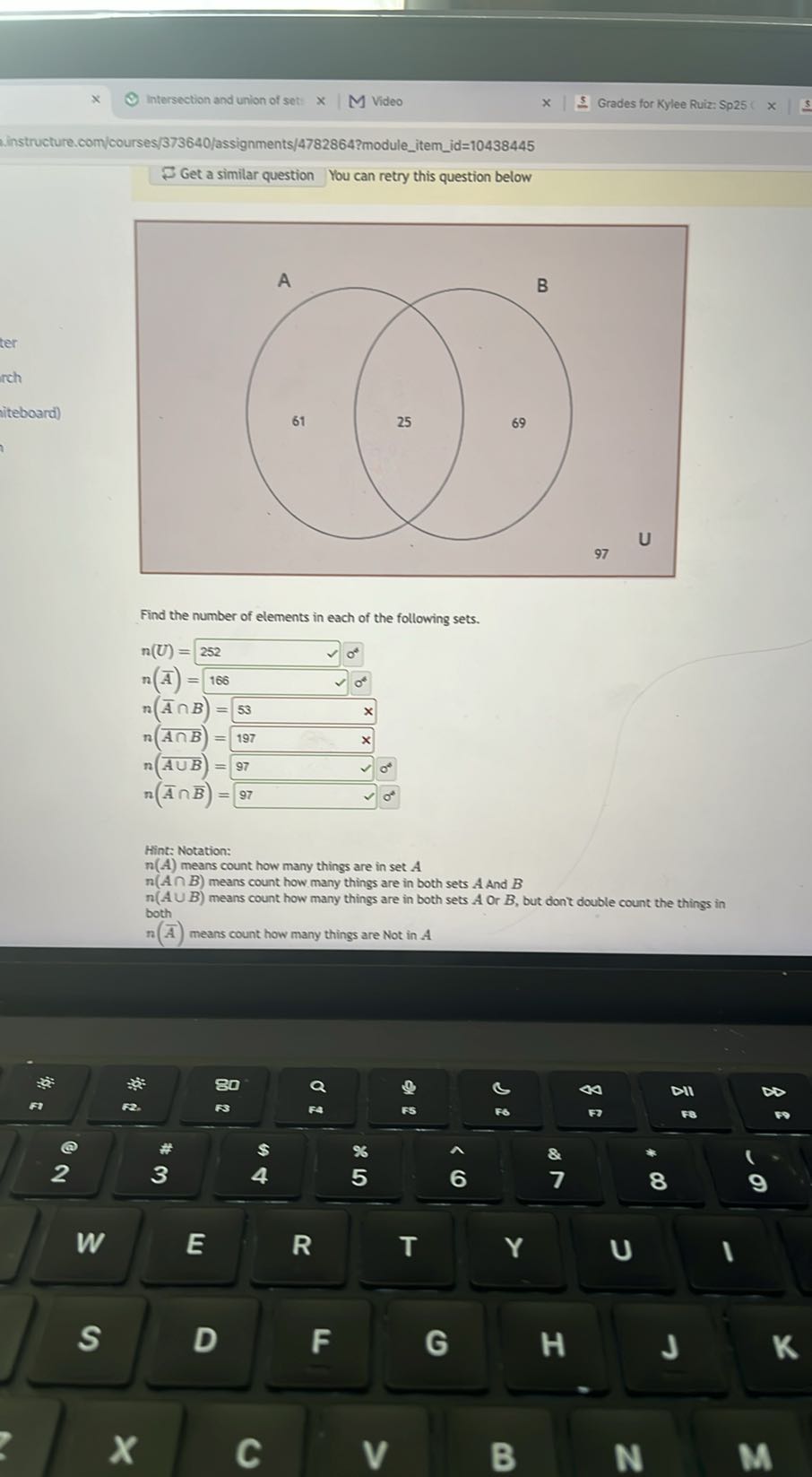 [GET ANSWER] Intersection and union of seti Video Grades for Kylee Ruiz ...