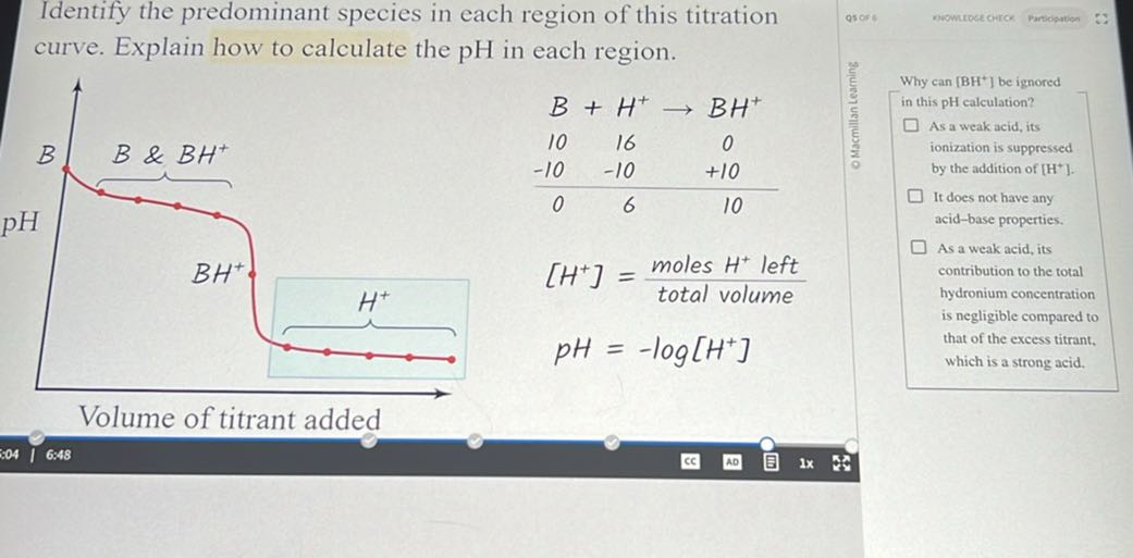 Identify the predominant species in each region of this titration curve. Explain how to calculate the pH in each region.

    [H^+]     =( moles H^+left )/( total volume )
    pH    =-log[H^+]


Volume of titrant added
6:43
