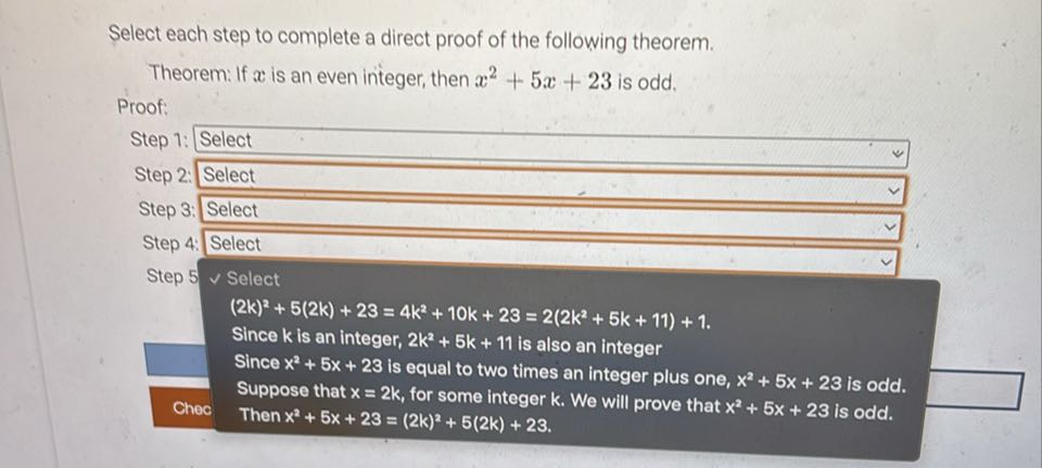 Select each step to complete a direct proof of the following theorem ...