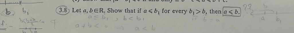 (3.8) Let a, b ∈ℝ. Show that if a<b1 for every b1>b, then a ⩽ b.
a ≤ b1, b<b1