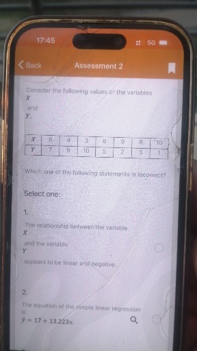 17:45
5 G
Back
Assessment 2

Consider the following values of the variables x
and
Y.


X     8     4     3     6     9     8     10 

Y     7     8     10     5     2     3     1 



Which one of the following stalements is incorrect?
Select one:
1.

The relationshio belween the variable
x
and tho variable
γ
appears to be linear and negative.
2.

The equation of the simple linear regression is

    y=17+13.223 x .
