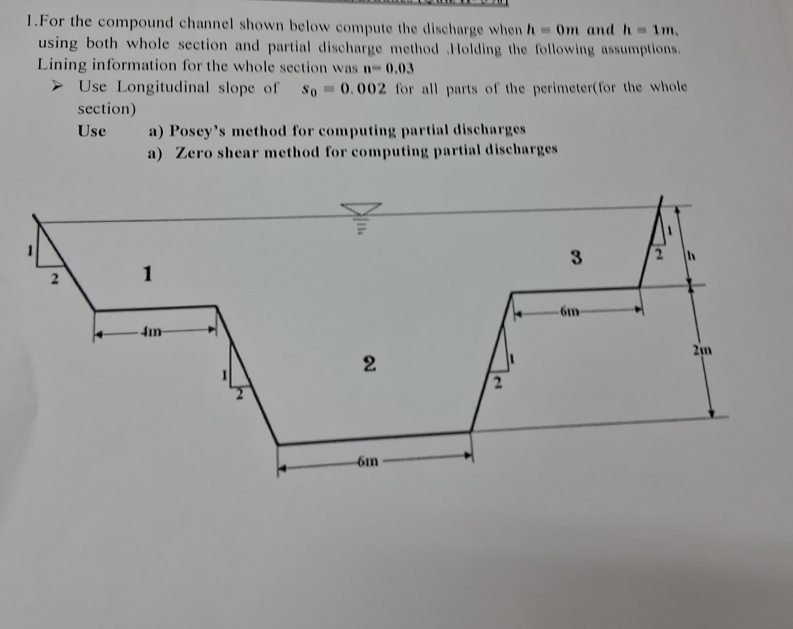 1for the compound channel shown below compute the discharge when h0 ...