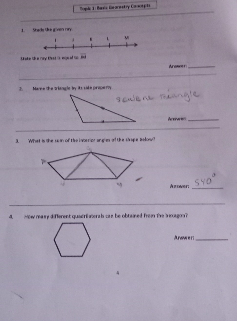 Toplc 1/ Bask Geometry Concepts
1. Study the given ray.

State the ray that is equal to IM
Answer: 
2. Name the triangle by its side property.
Answer: 
3. What is the sum of the interior angles of the shape below?

Answer:  $ 40^∘
4. How many different quadrilaterals can be obtained from the hexagon?

Answer: 
4