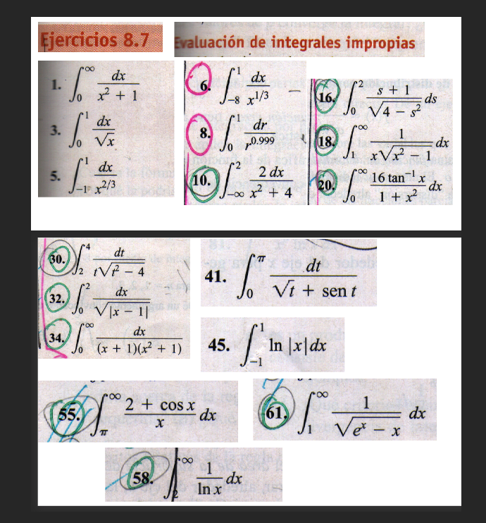 Ejercicios 8.7
1. ∫0^∞(d x)/(x^2+1)
3. ∫0^1(d x)/(√(x))
5. ∫-1^1(d x)/(x^2 / 3)
Evaluación de integrales impropias
6. ∫-8^1(d x)/(x^1 / 3)
8. ∫0^1(d r)/(r^0.999)
10. ∫-∞^2(2 d x)/(x^2+4)
16. ∫0^2(s+1)/(√(4-s^2)) d s
18. ∫1^∞(1)/(x √(x^2-1)) d x
20. ∫0^∞(16 tan ^-1 x)/(1+x^2) d x
(30.) ∫2^4(d t)/(t √(t^2-4))
32. ∫0^2(d x)/(√(|x-1|))
34. ∫0^∞(d x)/((x+1)(x^2+1))
41. ∫0^π(d t)/(√(t)+sen t)
45. ∫-1^1ln |x| d x
55. ∫π^∞(2+cos x)/(x) d x
61. ∫1^∞(1)/(√(e^x-x)) d x
58. ∫k^∞(1)/(ln x) d x