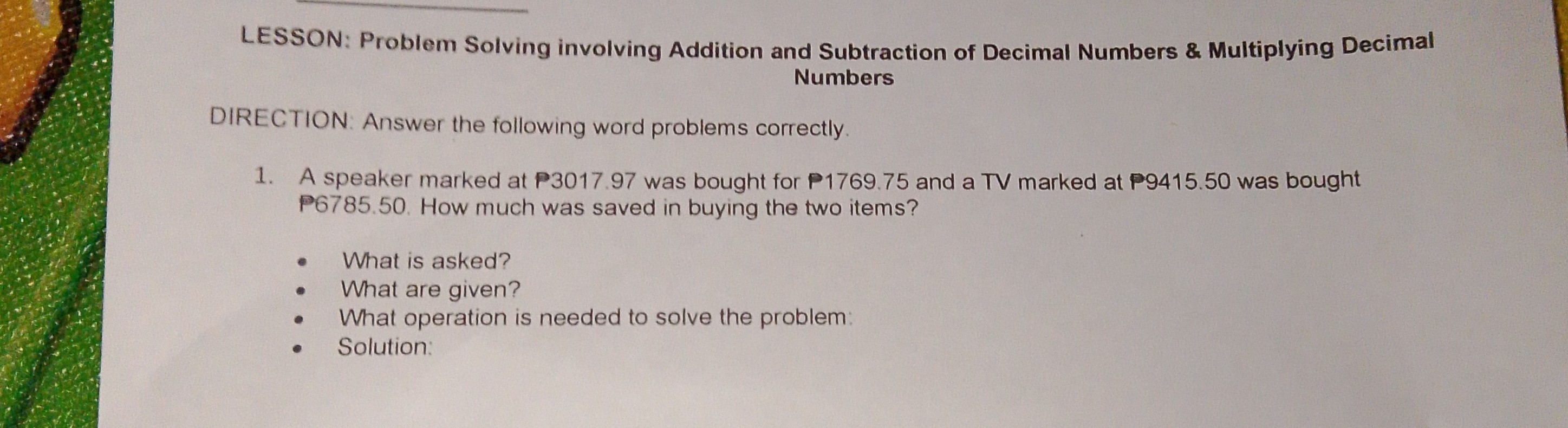 [GET ANSWER] LESSON: Problem Solving involving Addition and Subtraction ...