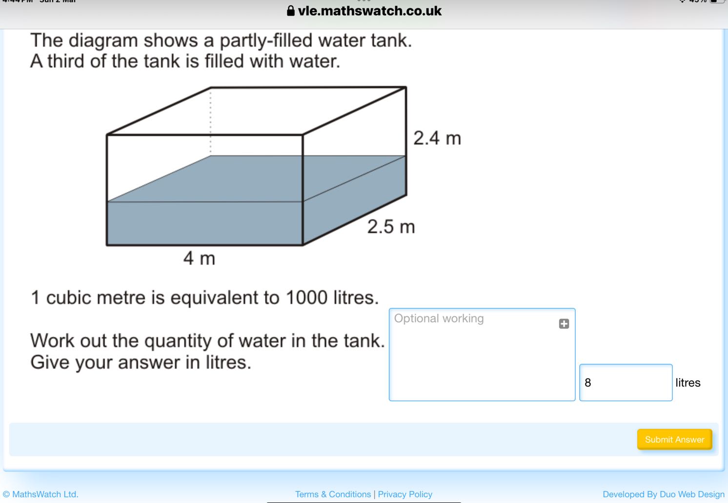 Water Tank Math vle.mathswatch.co.uk The diagram shows a partly-filled water tank. A ...