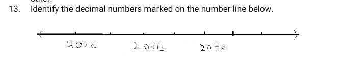 13. Identify the decimal numbers marked on the number line below.