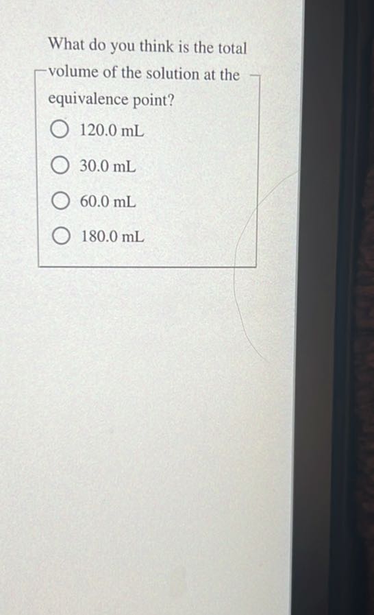 What do you think is the total volume of the solution at the equivalence point?
120.0 mL
30.0 mL
60.0 mL
180.0 mL