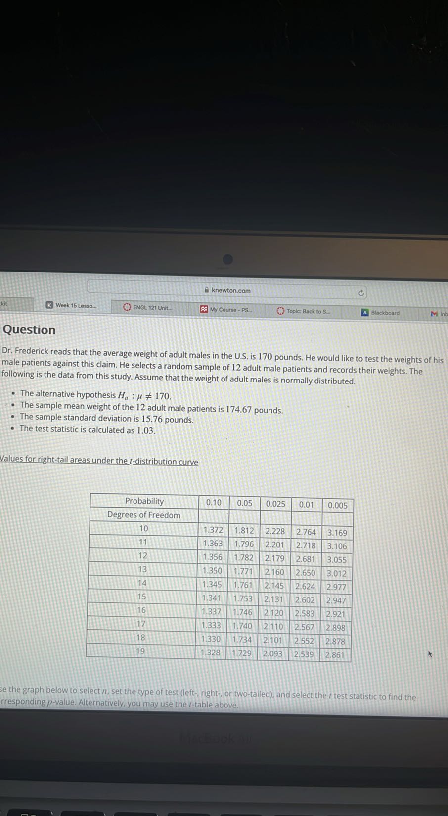 knewton.com
Week 15 Lesso...
ENGL. 121 Unit.
My Course - PS.
Topic: Back to S
Blackboard

Question

Dr. Frederick reads that the average weight of adult males in the U.S. is 170 pounds. He would like to test the weights of his male patients against this claim. He selects a random sample of 12 adult male patients and records their weights. The following is the data from this study. Assume that the weight of adult males is normally distributed.
- The alternative hypothesis Ha: μ≠ 170.
- The sample mean weight of the 12 adult male patients is 174.67 pounds.
- The sample standard deviation is 15.76 pounds.
- The test statistic is calculated as 1.03 .

Values for right-tail areas under the t-distribution curve

Probability     0.10     0.05     0.025     0.01     0.005 

Degrees of Freedom                     

10     1.372     1.812     2.228     2.764     3.169 

11     1.363     1.796     2.201     2.718     3.106 

12     1.356     1.782     2.179     2.681     3.055 

13     1.350     1.771     2.160     2.650     3.012 

14     1.345     1.761     2.145     2.624     2.977 

15     1.341     1.753     2.131     2.602     2.947 

16     1.337     1.746     2.120     2.583     2.921 

17     1.333     1.740     2.110     2.567     2.898 

18     1.330     1.734     2.101     2.552     2.878 

19     1.328     1.729     2.093     2.539     2.861 


e the graph below to select n, set the type of test (left-, right-, or two-tailed), and select the t test statistic to find the rresponding p-value. Alternatively, you may use the t-table above.