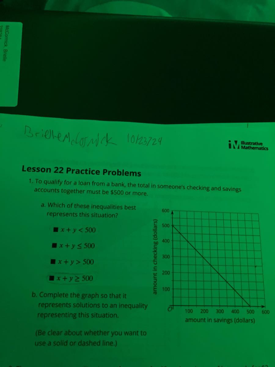 B
rielemelosmick I0/23724
- Illustrative
1 Mathematics

Lesson 22 Practice Problems
1. To qualify for a loan from a bank, the total in someone's checking and savings accounts together must be $ 500 or more.
a. Which of these inequalities best represents this situation?

    x+y<500 
        
        x+y ≤ 500 
        
        x+y>500 
        
        x+y ≥ 500

b. Complete the graph so that it represents solutions to an inequality representing this situation.
(Be clear about whether you want to use a solid or dashed line.)