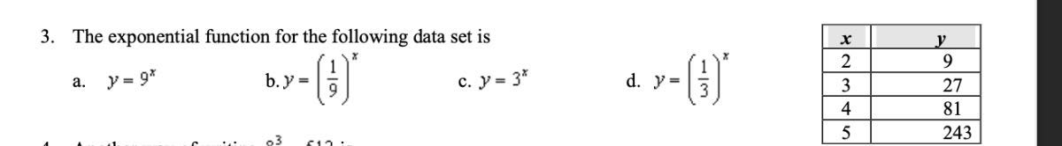3. The exponential function for the following data set is
a. y=9^x
b. y=((1)/(9))^x
c. y=3^x
d. y=((1)/(3))^x

x     y 

2     9 

3     27 

4     81 

5     243 

