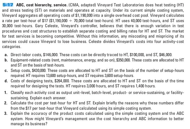 Give Ht Support Rates 5-17 ABC, cost hierarchy, service. (CMA, adapted) Vineyard Test ...