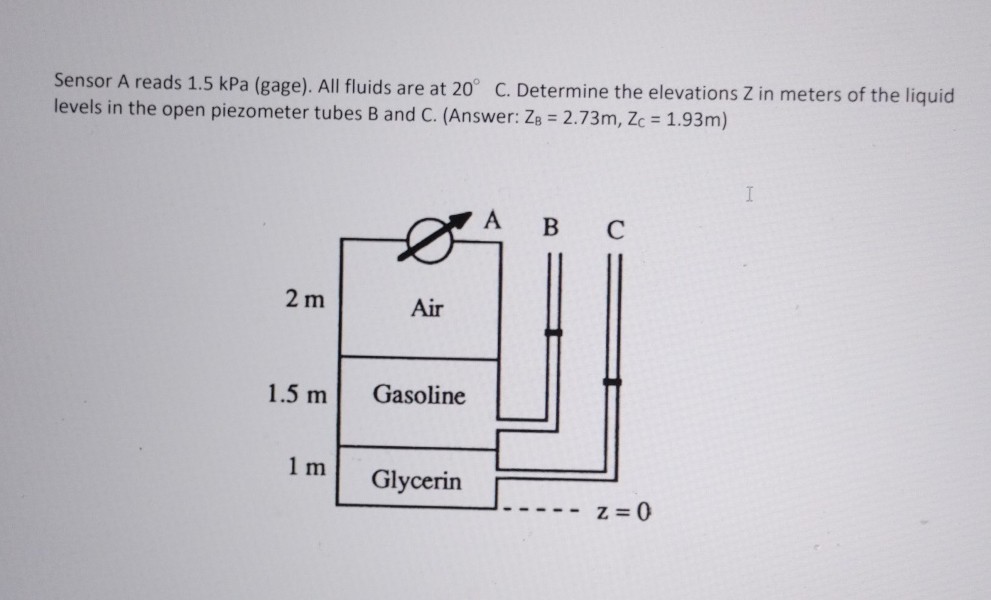 Sensor A reads 1.5 kPa (gage). All fluids are at 20^∘C. Determine the elevations Z in meters of the liquid levels in the open piezometer tubes B and C. (Answer: ZB=2.73 m, ZC=1.93 m )