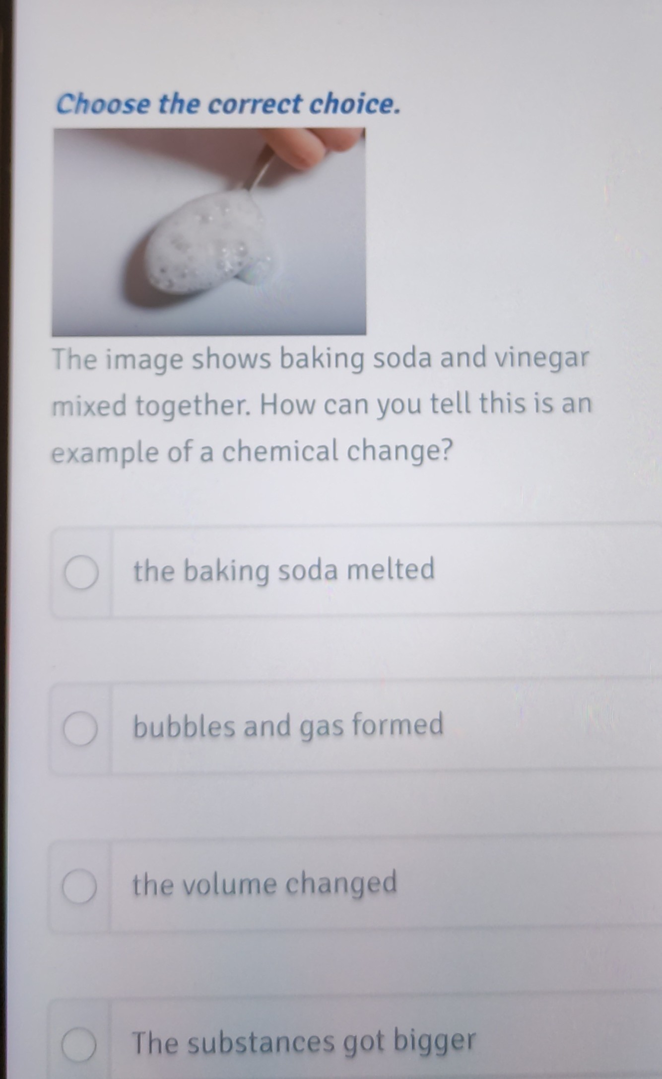 choose the correct choice the image shows baking soda and vinegar mixed ...