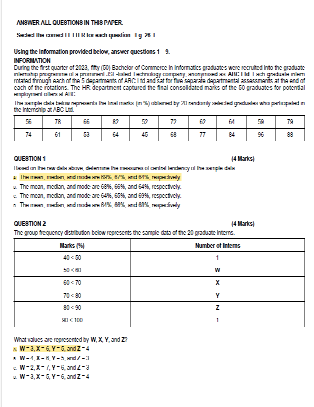 ANSWER ALL QUESTIONS IN THIS PAPER.
Seclect the correct LETTER for each question. Eg. 26. F
Using the information provided below, answer questions 1-9.
INFORMATION
During the first quarter of 2023, fitty (50) Bachelor of Commerce in Informatics graduates were recruited into the graduate internship programme of a prominent JSE-listed Technology company, anonymised as ABC Ltd. Each graduate intern rotated through each of the 5 departments of ABC Ltd and sat for five separate departmental assessments at the end of each of the rotations. The HR department captured the final consolidated marks of the 50 graduates for potential employment offers at ABC.
The sample data below represents the final marks (in %) obtained by 20 randomly selected graduates who participated in the intemship at ABC Ltd.

56     78     66     82     52     72     62     64     59     79 

74     61     53     64     45     68     77     84     96     88 



QUESTION 1
(4 Marks)

Based on the raw data above, determine the measures of central tendency of the sample data.
1. The mean, median, and mode are 69 %, 67 %, and 64 %, respectively.
B. The mean, median, and mode are 68 %, 66 %, and 64 %, respectively.
c. The mean, median, and mode are 64 %, 65 %, and 69 %, respectively.
2. The mean, median, and mode are 64 %, 66 %, and 68 %, respectively.

QUESTION 2
(4 Marks)

The group frequency distribution below represents the sample data of the 20 graduate interns.

Marks (%)     Number of Interns 

40<50     1 

50<60     𝐖 

60<70     𝐗 

70<80     Y 

80<90     Z 

90<100     1 



What values are represented by W, X, Y, and Z ?
2. W=3, X=6, Y=5, and Z=4
B. W=4, X=6, Y=5, and Z=3
c. W=2, X=7, Y=6, and Z=3
D. W=3, X=5, Y=6, and Z=4
