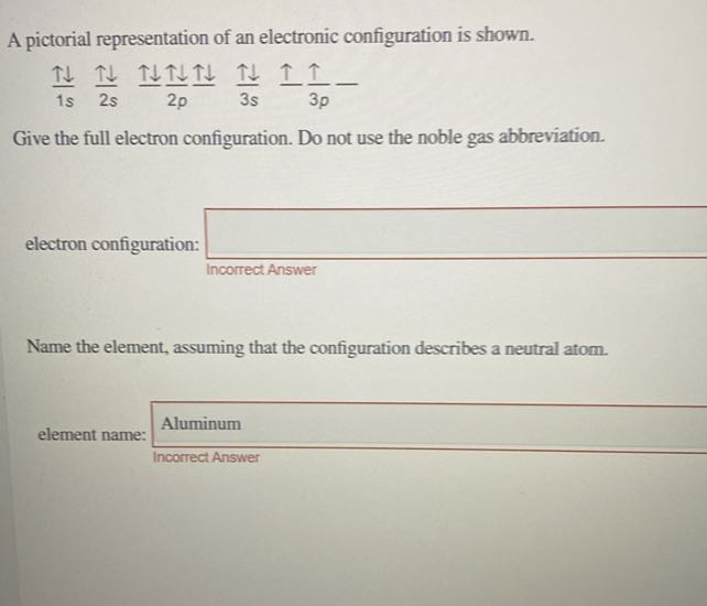 A pictorial representation of an electronic configuration is shown.

    (↑↓)/(1 s)(↑↓)/(2 s)(↑↓)/()(↑↓)/(2 p)(↑↓)/(3 s)(↑↓)/(3 s)-(↑)/(3 p)-


Give the full electron configuration. Do not use the noble gas abbreviation.
electron configuration: □
Incorrect Answer

Name the element, assuming that the configuration describes a neutral atom.
element name: Aluminum
Incorrect Answer
