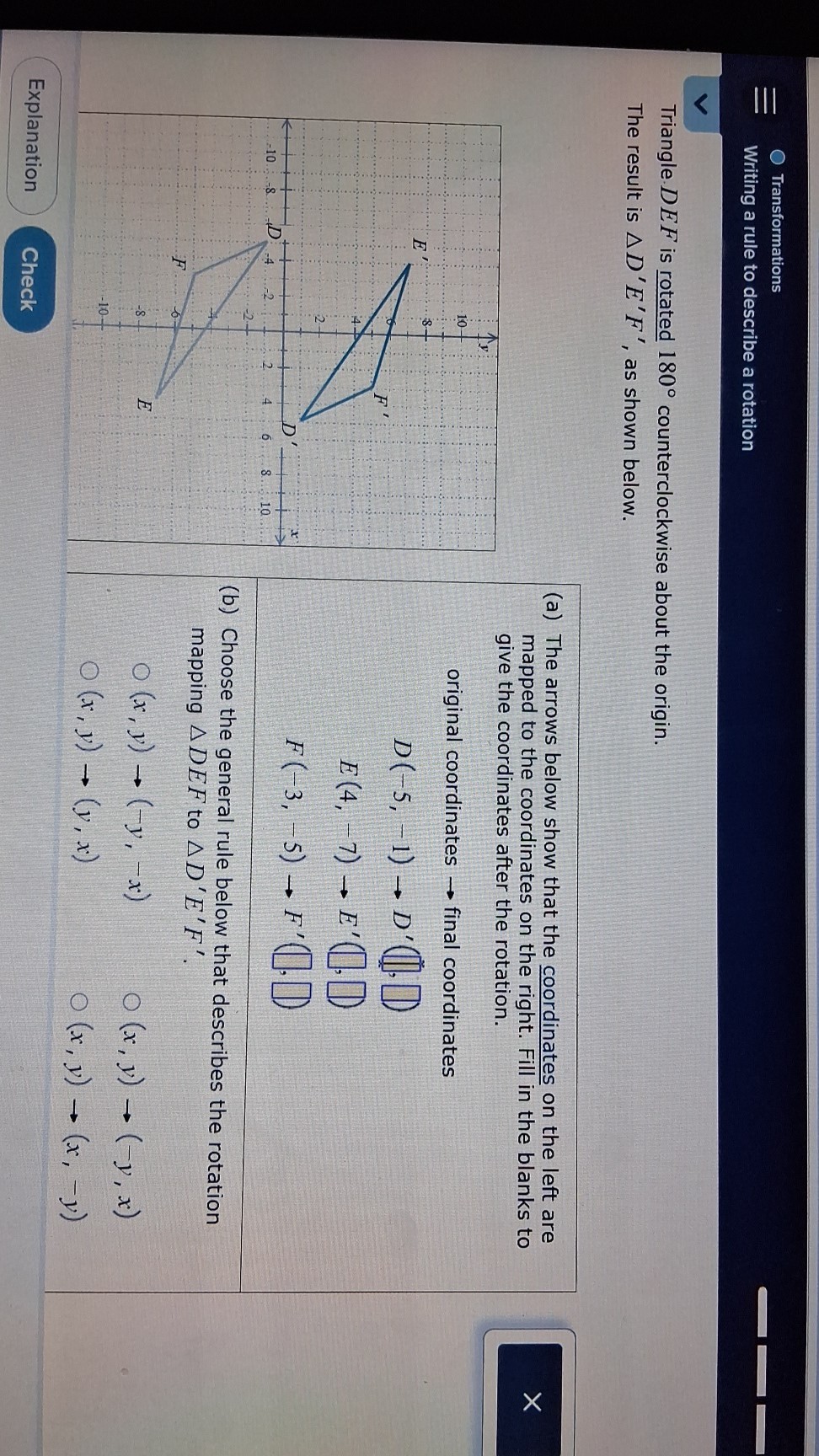 Transformations Writing a rule to describe a rotation Triangle D E F is ...