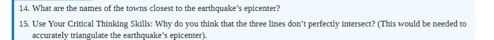 14. What are the names of the towns closest to the earthquake's epicenter?
15. Use Your Critical Thinking Skills: Why do you think that the three lines don't perfectly intersect? (This would be needed to accurately triangulate the earthquake's epicenter).