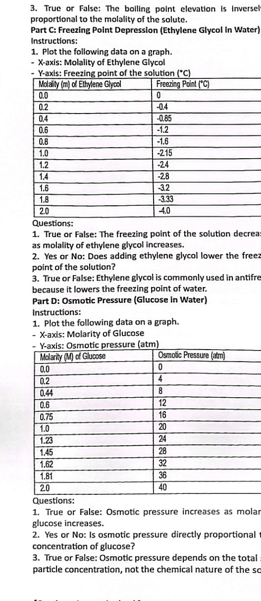 3. True or False: The boiling point elevation is inversel proportional to the molality of the solute.
Part C: Freezing Point Depression (Ethylene Glycol In Water) Instructions:
1. Plot the following data on a graph.
- X-axis: Molality of Ethylene Glycol
- Y-axis: Freezing point of the solution ( ^∘C )

Molality (m) of Ethylene Glycol     Freezing Point (^∘C) 

0.0     0 

0.2     -0.4 

0.4     -0.85 

0.6     -1.2 

0.8     -1.6 

1.0     -2.15 

1.2     -24 

1.4     -28 

1.6     -3.2 

1.8     -3.33 

2.0     -4.0 



Questions:
1. True or False: The freezing point of the solution decrea: as molality of ethylene glycol increases.
2. Yes or No: Does adding ethylene glycol lower the freez point of the solution?
3. True or False: Ethylene glycol is commonly used in antifre because it lowers the freezing point of water.
Part D: Osmotic Pressure (Glucose in Water)
Instructions:
1. Plot the following data on a graph.
- X-axis: Molarity of Glucose
- Y-axis: Osmotic pressure (atm)

Molarity (M) of Glucose     Osmotic Pressure (atm) 

0.0     0 

0.2     4 

0.44     8 

0.6     12 

0.75     16 

1.0     20 

1.23     24 

1.45     28 

1.62     32 

1.81     36 

2.0     40 



Questions:
1. True or False: Osmotic pressure increases as molar glucose increases.
2. Yes or No: Is osmotic pressure directly proportional concentration of glucose?
3. True or False: Osmotic pressure depends on the total particle concentration, not the chemical nature of the so
