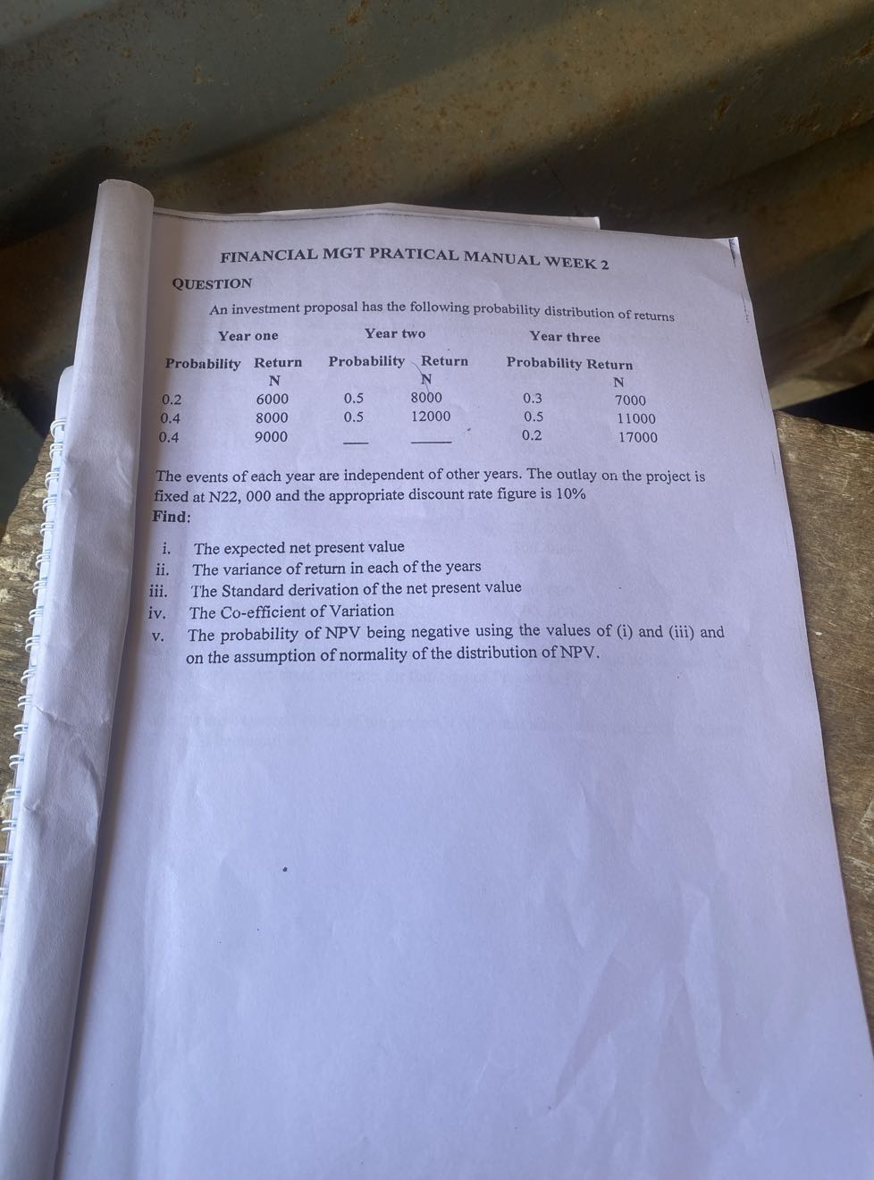 FINANCIAL MGT PRATICAL MANUAL WEEK 2 QUESTION An investment proposal ...