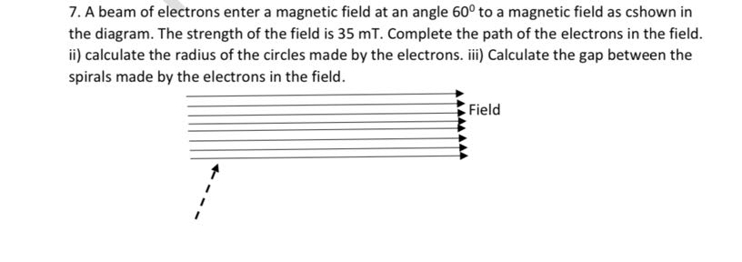 7. A beam of electrons enter a magnetic field at an angle 60^∘ to a ...