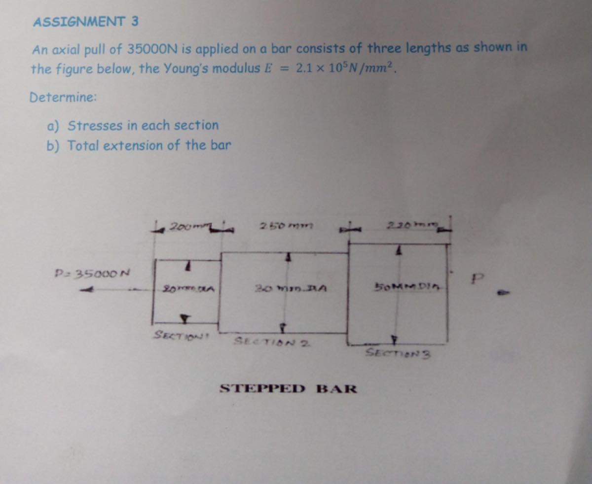 [GET ANSWER] ASSIGNMENT 3 An axial pull of 35000 N is applied on a bar ...