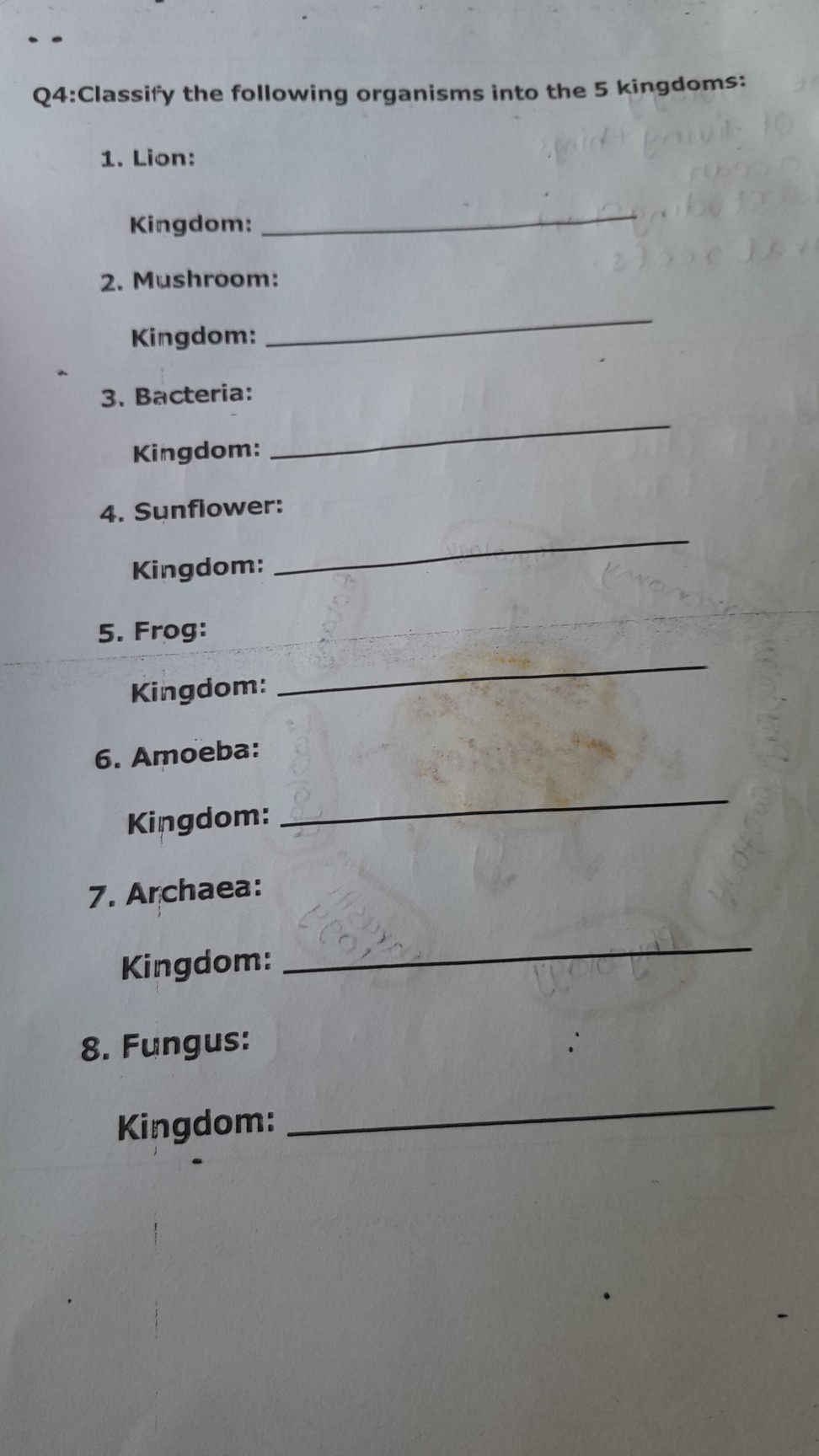 Q4:Classify the following organisms into the 5 kingdoms:
1. Lion:

Kingdom: 
2. Mushroom:

Kingdom: 
3. Bacteria:

Kingdom: 
4. Sunflower:

Kingdom: 
5. Frog:

Kingdom: 
6. Amoeba:

Kingdom: 
7. Archaea:

Kingdom: 
8. Fungus:

Kingdom: 