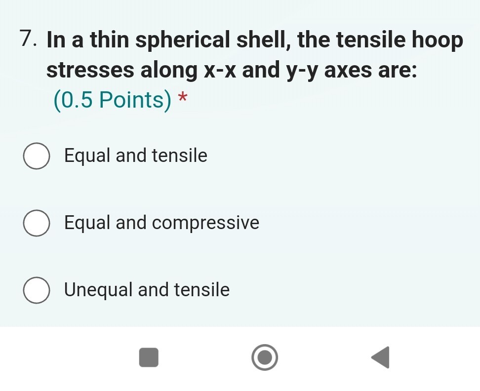 7. In a thin spherical shell, the tensile hoop stresses along x-x and y ...