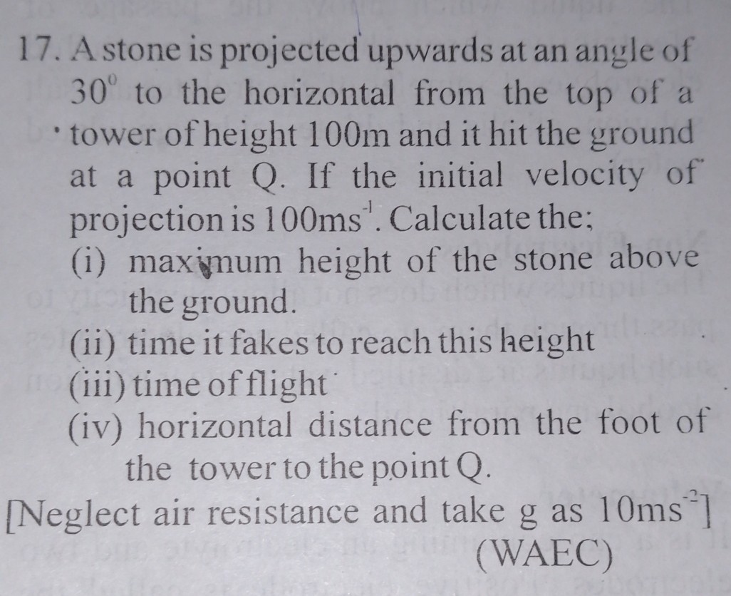 17. A stone is projected upwards at an angle of 30^∘ to the horizontal ...