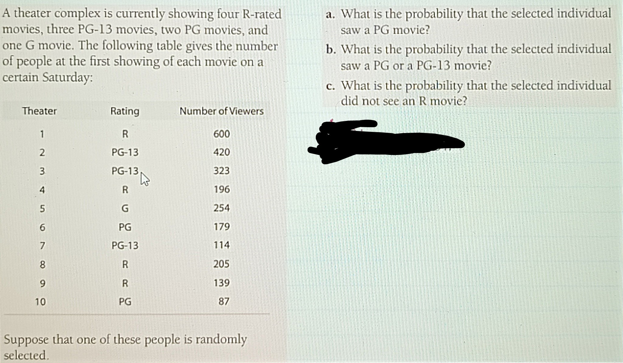 A theater complex is currently showing four R-rated movies, three PG-13 movies, two PG movies, and one G movie. The following table gives the number of people at the first showing of each movie on a certain Saturday:
 
Theater     Rating     Number of Viewers 

1     R     600 

2     PG-13     420 

3     PG-13     323 

4     R     196 

5     G     254 

6     PG     179 

7     PG-13     114 

8     R     205 

9     R     139 

10     PG     87


Suppose that one of these people is randomly selected.
a. What is the probability that the selected individual saw a PG movie?
b. What is the probability that the selected individual saw a PG or a PG-13 movie?
c. What is the probability that the selected individual did not see an R movie?