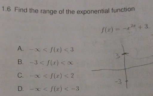 1.6 Find the range of the exponential function

    f(x)=-e^2 x+3

A. -∞<f(x)<3
B. -3<f(x)<∞
C. -∞<f(x)<2
D. -∞<f(x)<-3