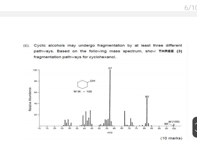 6 / 10 (c). Cyclic alcohols may undergo fragmentation by at least three ...