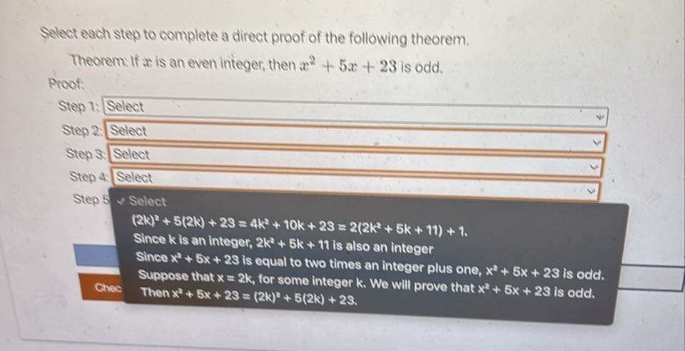 Select each step to complete a direct proof of the following theorem ...