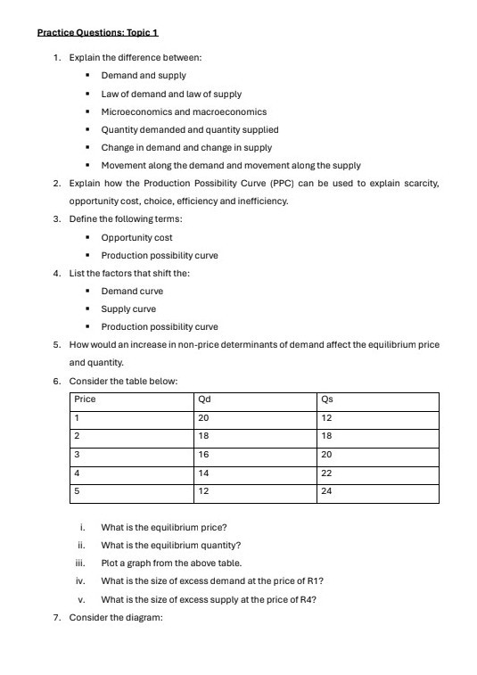 Practice Questions: Topic 1 1. Explain the difference between: - Demand ...