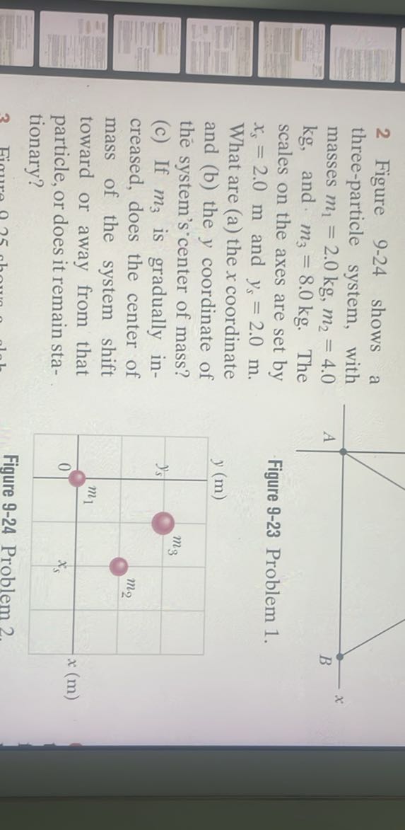 2 Figure 9-24 shows a three-particle system, with masses m1=2.0  kg, m2=4.0 kg , and m3=8.0  kg. The scales on the axes are set by xs=2.0  m and ys=2.0  m.

Figure 9-23 Problem 1.

Figure 9-24 Problem 2.
