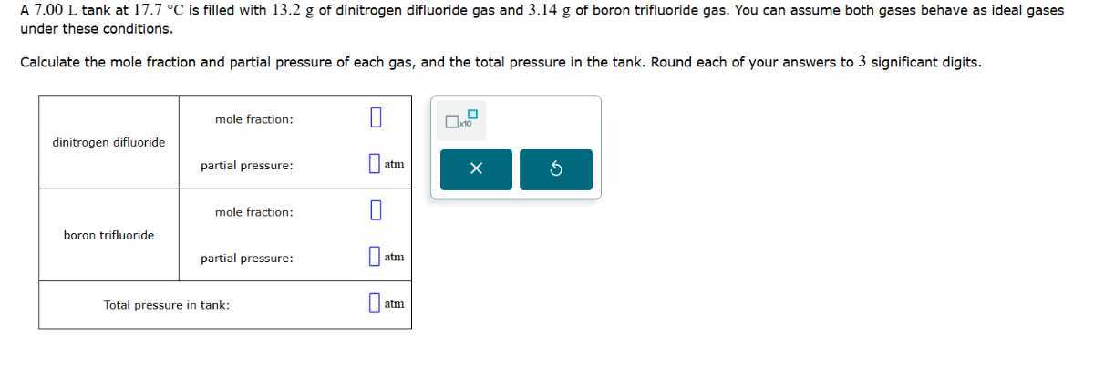 A 7.00 L tank at 17.7^∘C is filled with 13.2 g of dinitrogen difluoride gas and 3.14 g of boron trifluoride gas. You can assume both gases behave as ideal gases under these conditions.

Calculate the mole fraction and partial pressure of each gas, and the total pressure in the tank. Round each of your answers to 3 significant digits.

dinitrogen difluoride     mole fraction:     □ 

    partial pressure:     □atm 

boron trifluoride     mole fraction:     □ 

2|c| Total pressure in tank:      □atm 

